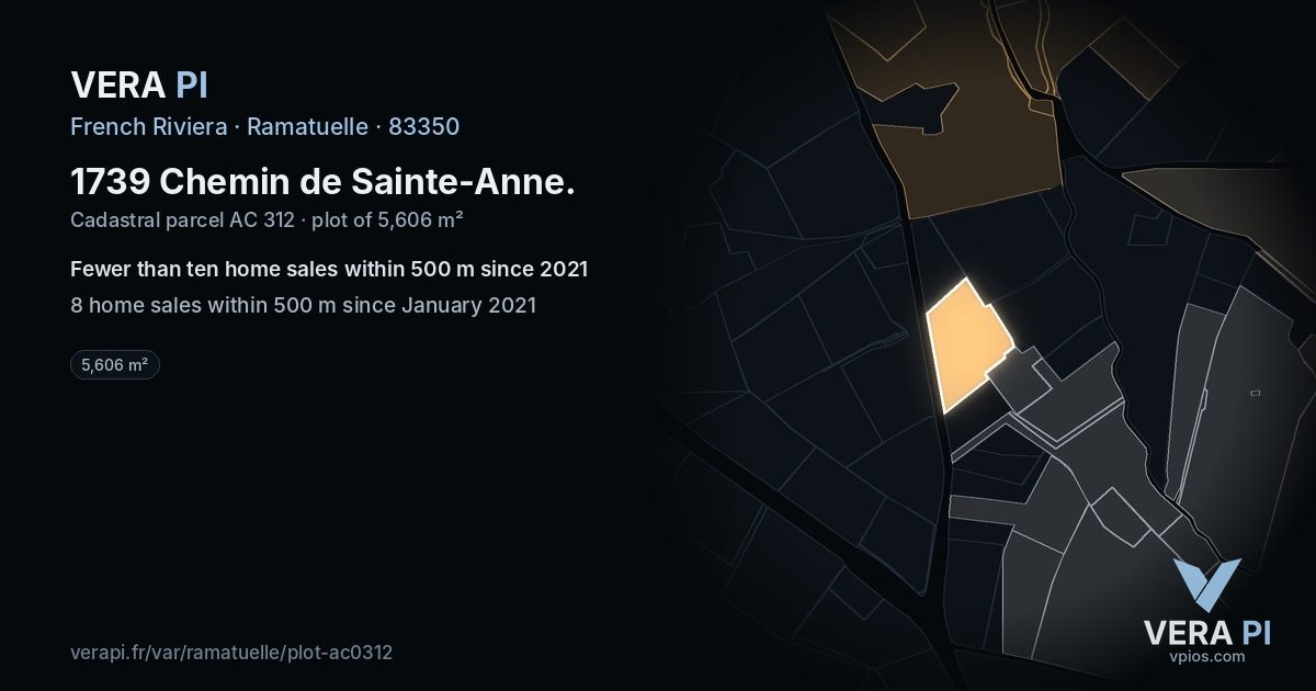 1739 Chemin de Sainte-Anne, Ramatuelle at night – the plot lit, the parcels around coloured by the prices near them