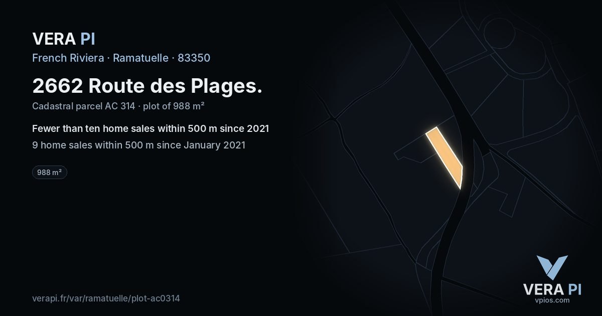 2662 Route des Plages, Ramatuelle at night – the plot lit, the parcels around coloured by the prices near them