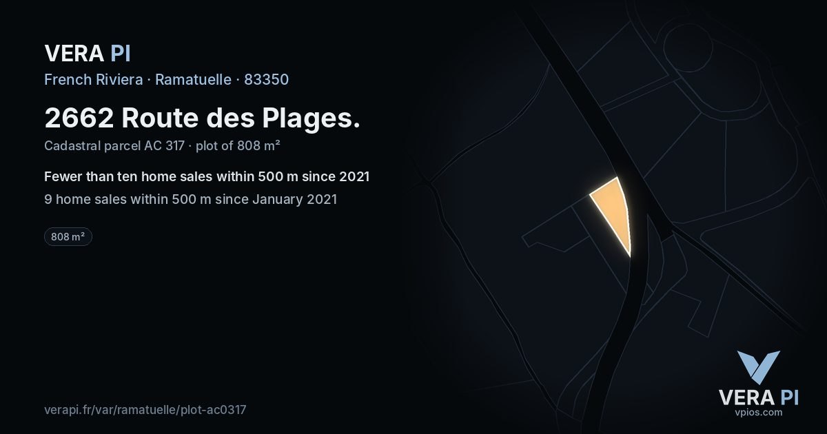 2662 Route des Plages, Ramatuelle at night – the plot lit, the parcels around coloured by the prices near them