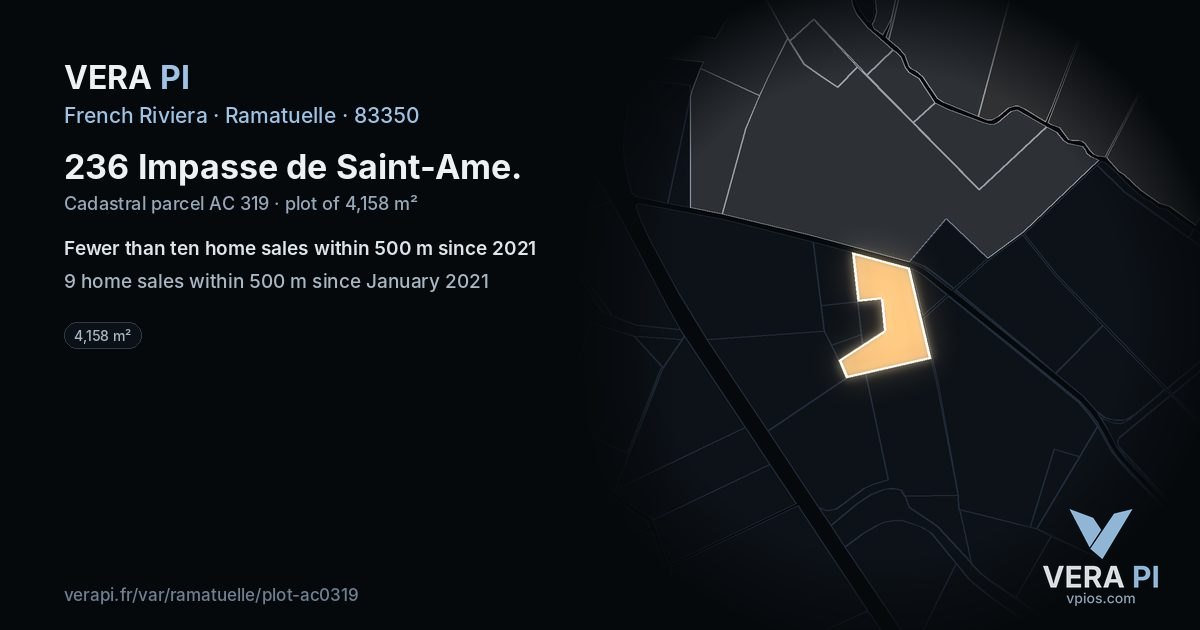 236 Impasse de Saint-Ame, Ramatuelle at night – the plot lit, the parcels around coloured by the prices near them