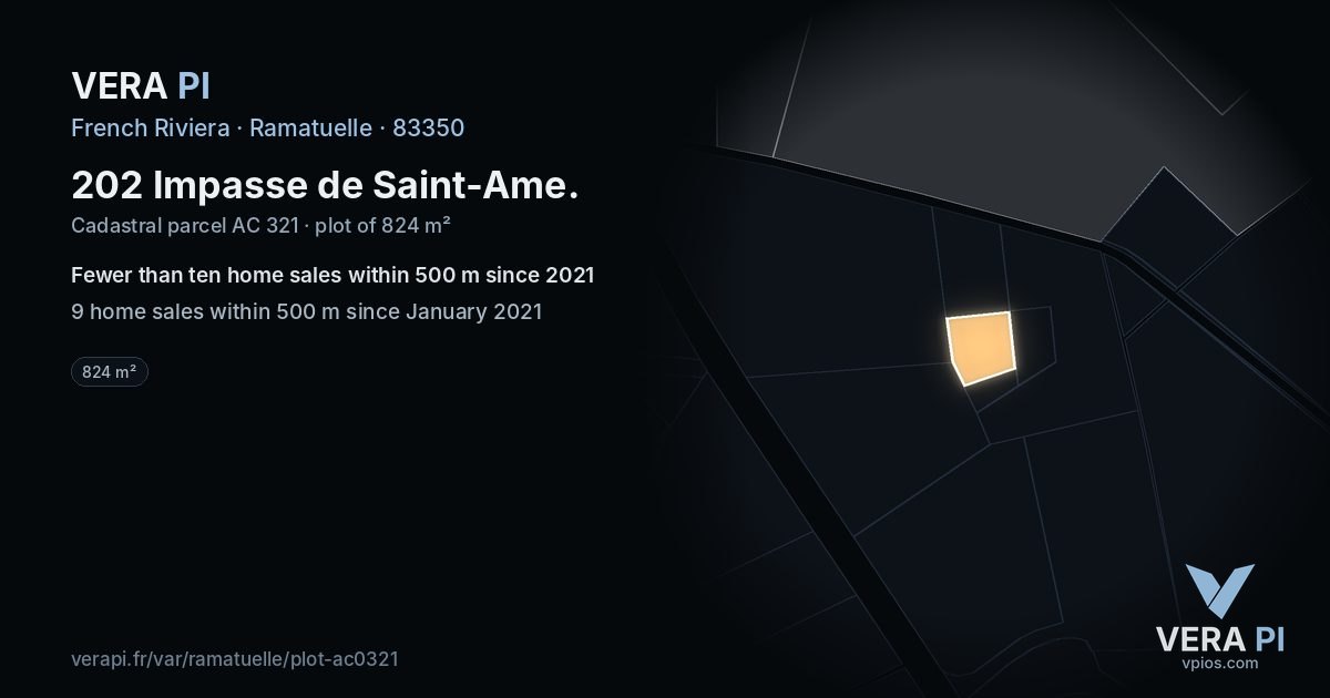 202 Impasse de Saint-Ame, Ramatuelle at night – the plot lit, the parcels around coloured by the prices near them