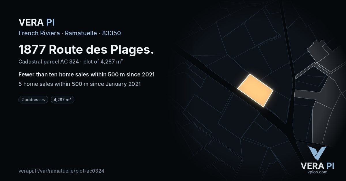 1877 Route des Plages, Ramatuelle at night – the plot lit, the parcels around coloured by the prices near them