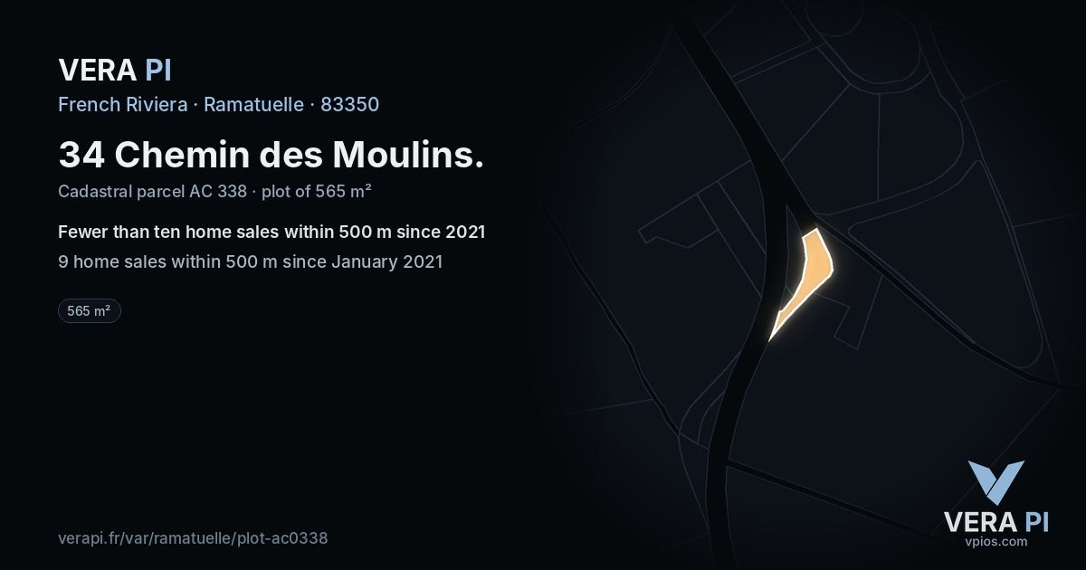 34 Chemin des Moulins, Ramatuelle at night – the plot lit, the parcels around coloured by the prices near them