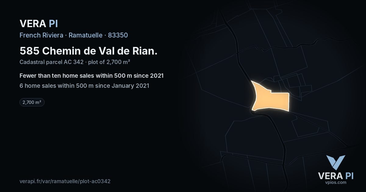 585 Chemin de Val de Rian, Ramatuelle at night – the plot lit, the parcels around coloured by the prices near them