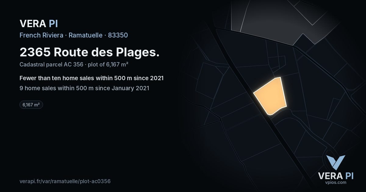2365 Route des Plages, Ramatuelle at night – the plot lit, the parcels around coloured by the prices near them