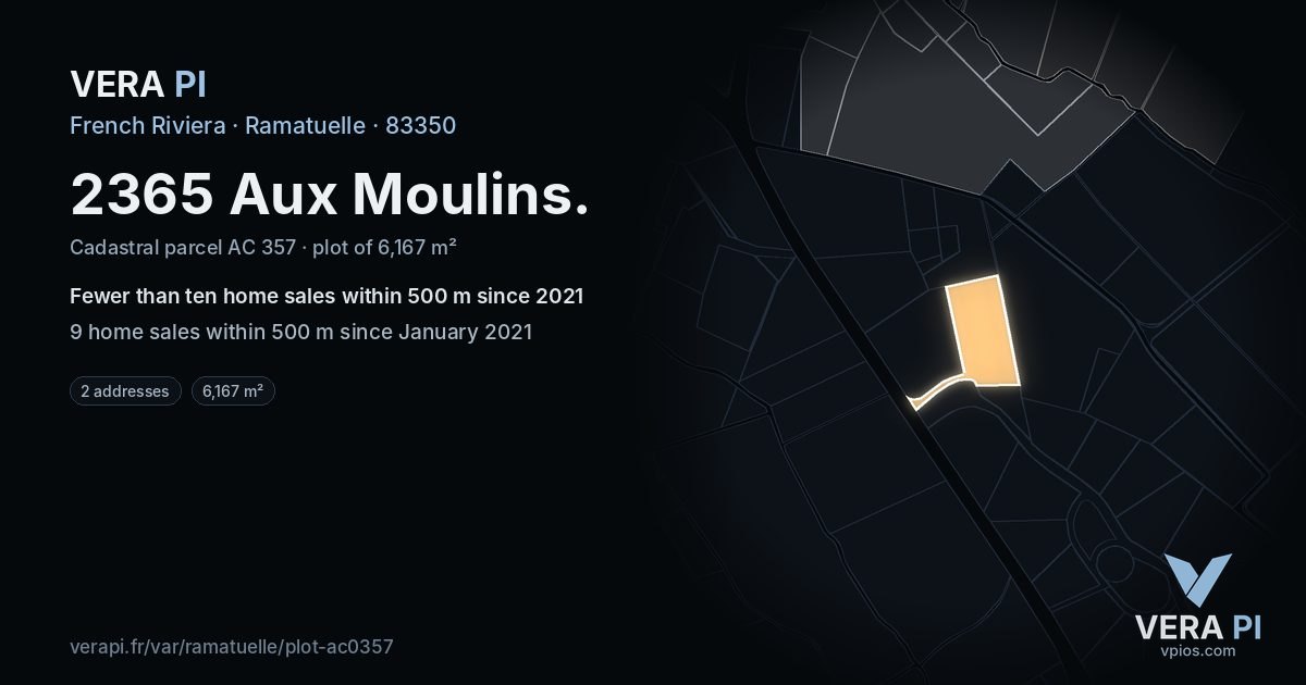 2365 Aux Moulins, Ramatuelle at night – the plot lit, the parcels around coloured by the prices near them