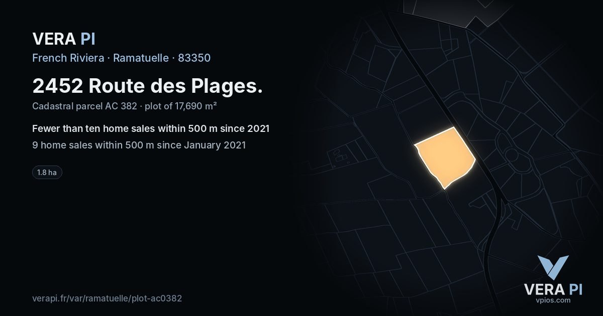 2452 Route des Plages, Ramatuelle at night – the plot lit, the parcels around coloured by the prices near them