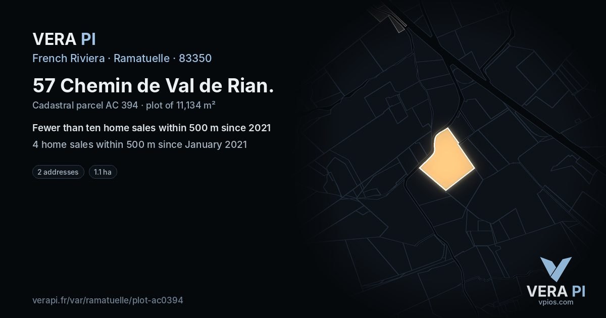 57 Chemin de Val de Rian, Ramatuelle at night – the plot lit, the parcels around coloured by the prices near them