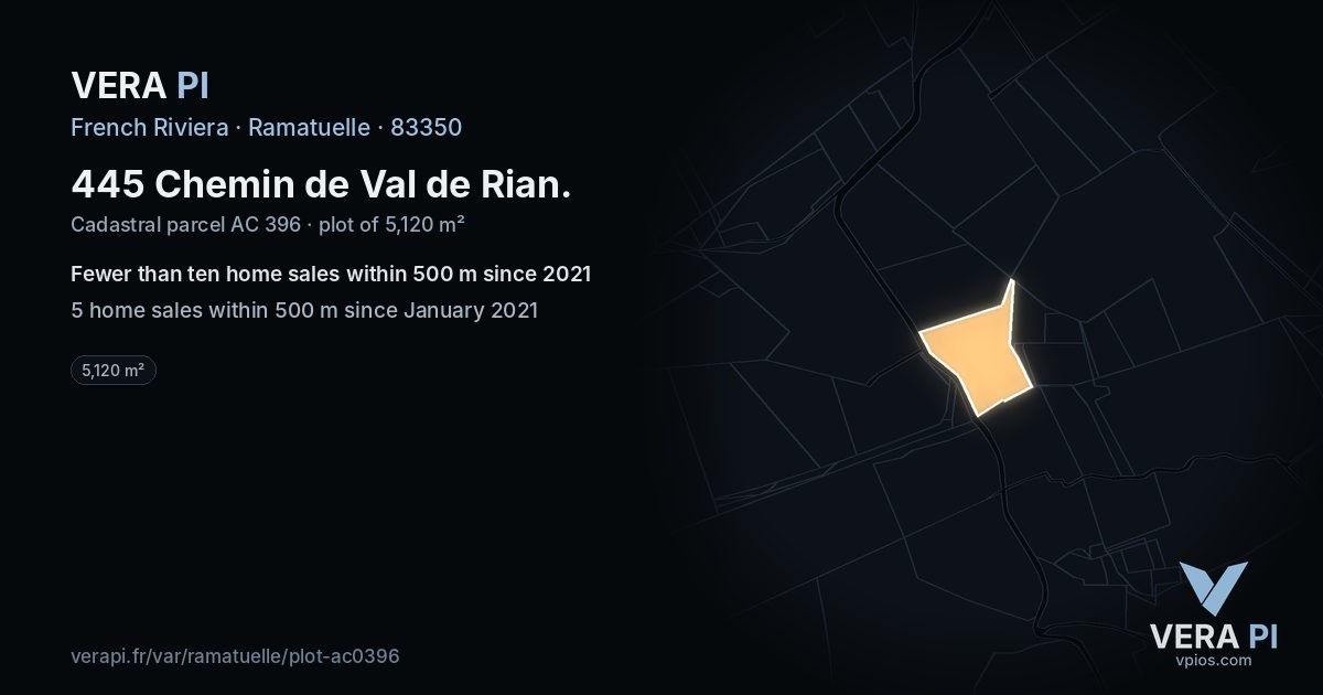 445 Chemin de Val de Rian, Ramatuelle at night – the plot lit, the parcels around coloured by the prices near them