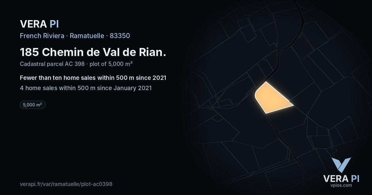 185 Chemin de Val de Rian, Ramatuelle at night – the plot lit, the parcels around coloured by the prices near them
