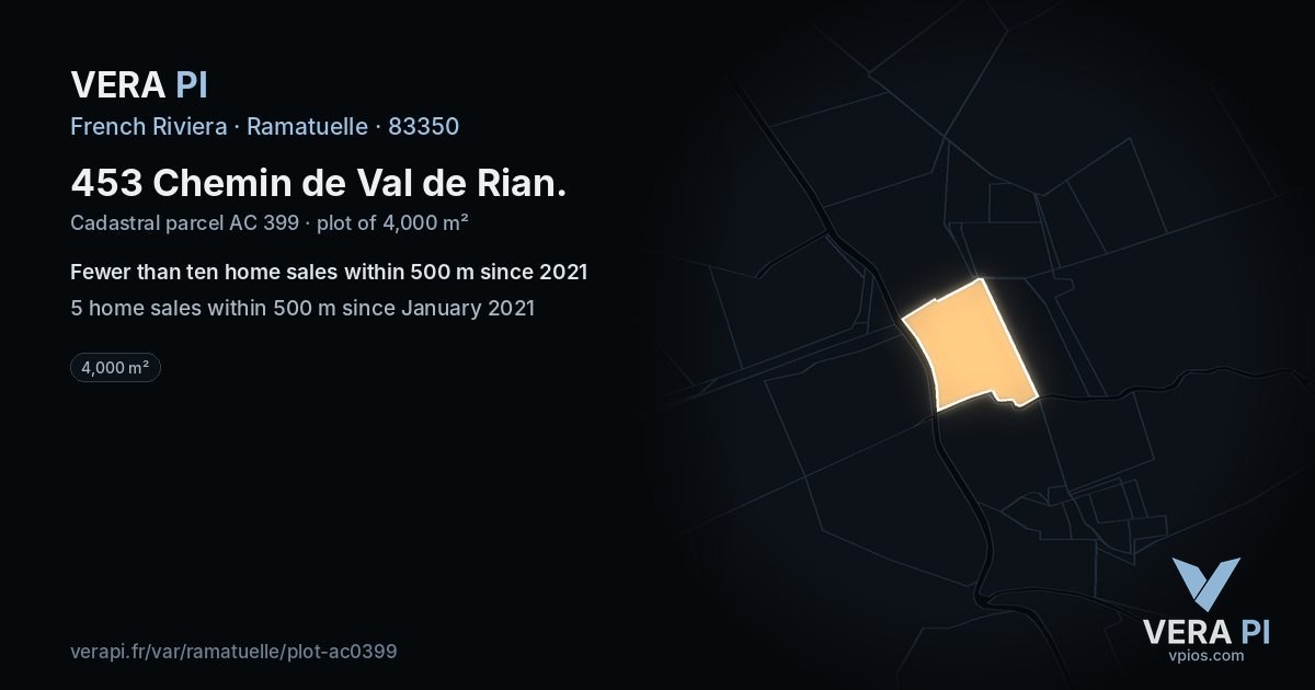 453 Chemin de Val de Rian, Ramatuelle at night – the plot lit, the parcels around coloured by the prices near them