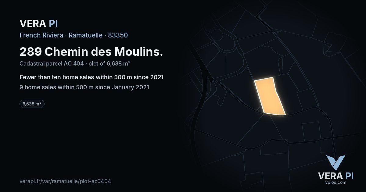 289 Chemin des Moulins, Ramatuelle at night – the plot lit, the parcels around coloured by the prices near them