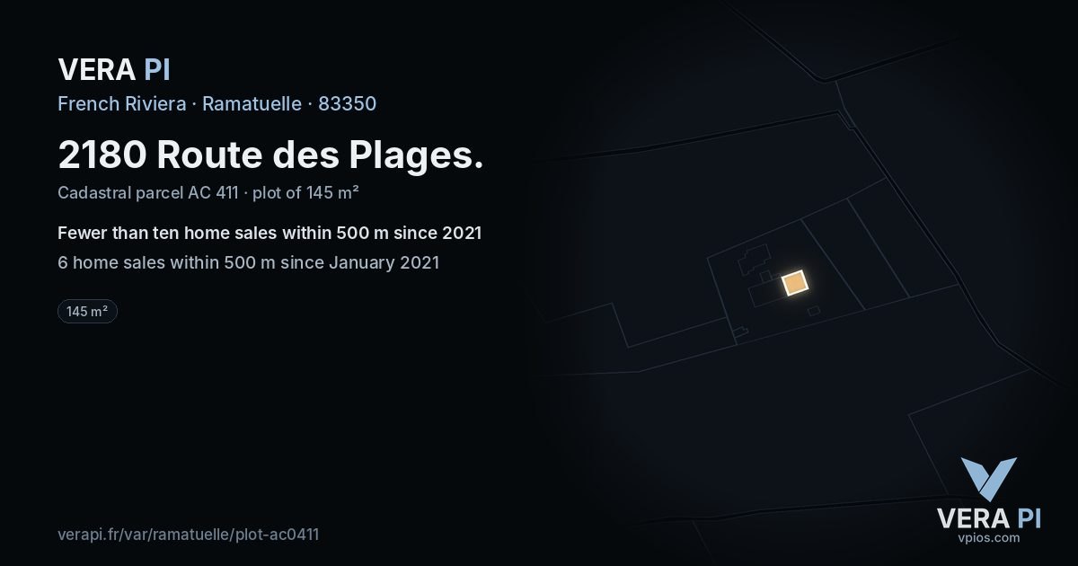 2180 Route des Plages, Ramatuelle at night – the plot lit, the parcels around coloured by the prices near them