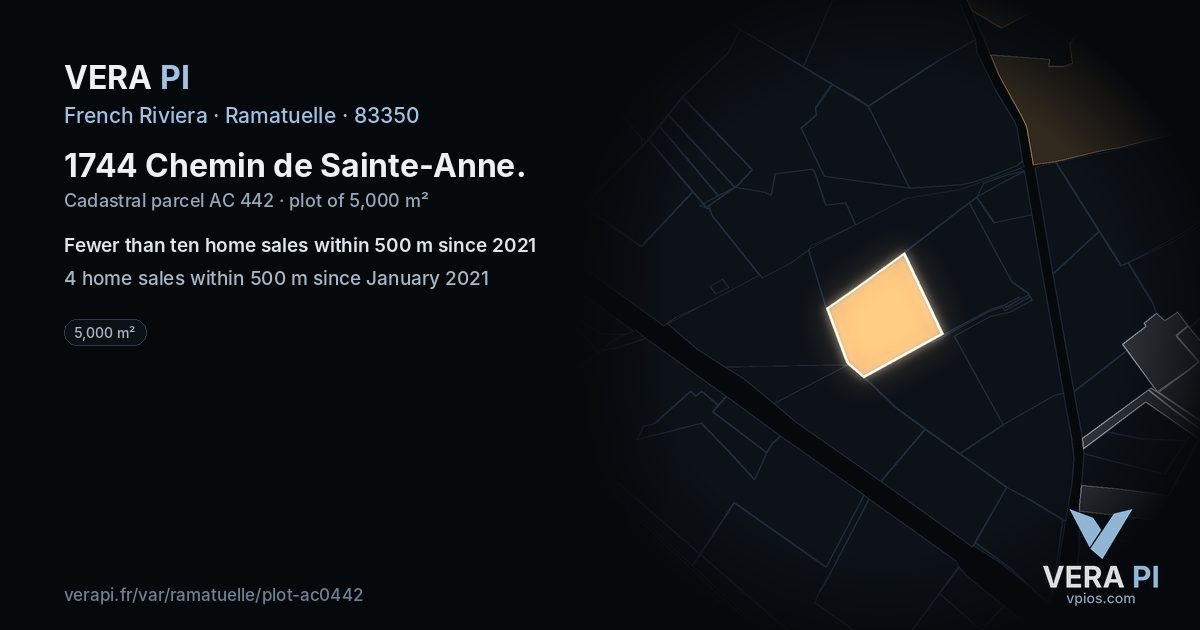 1744 Chemin de Sainte-Anne, Ramatuelle at night – the plot lit, the parcels around coloured by the prices near them