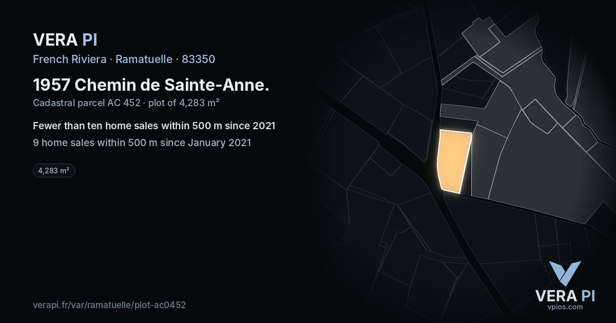1957 Chemin de Sainte-Anne, Ramatuelle at night – the plot lit, the parcels around coloured by the prices near them