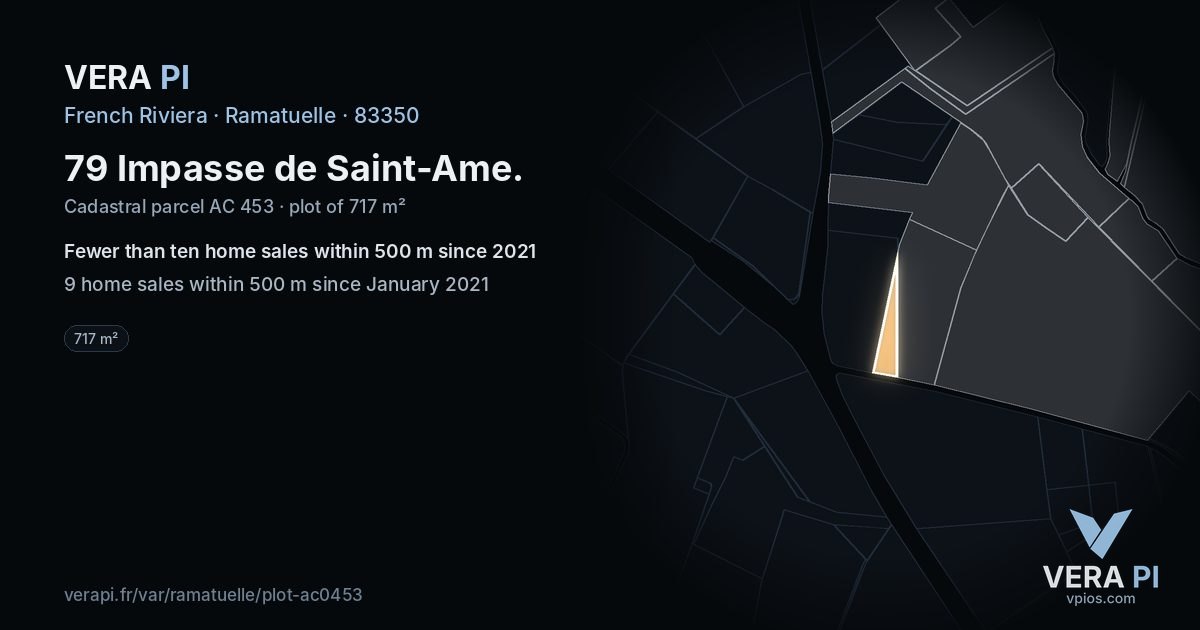 79 Impasse de Saint-Ame, Ramatuelle at night – the plot lit, the parcels around coloured by the prices near them