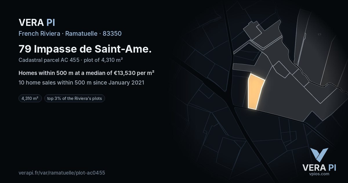 79 Impasse de Saint-Ame, Ramatuelle at night – the plot lit, the parcels around coloured by the prices near them