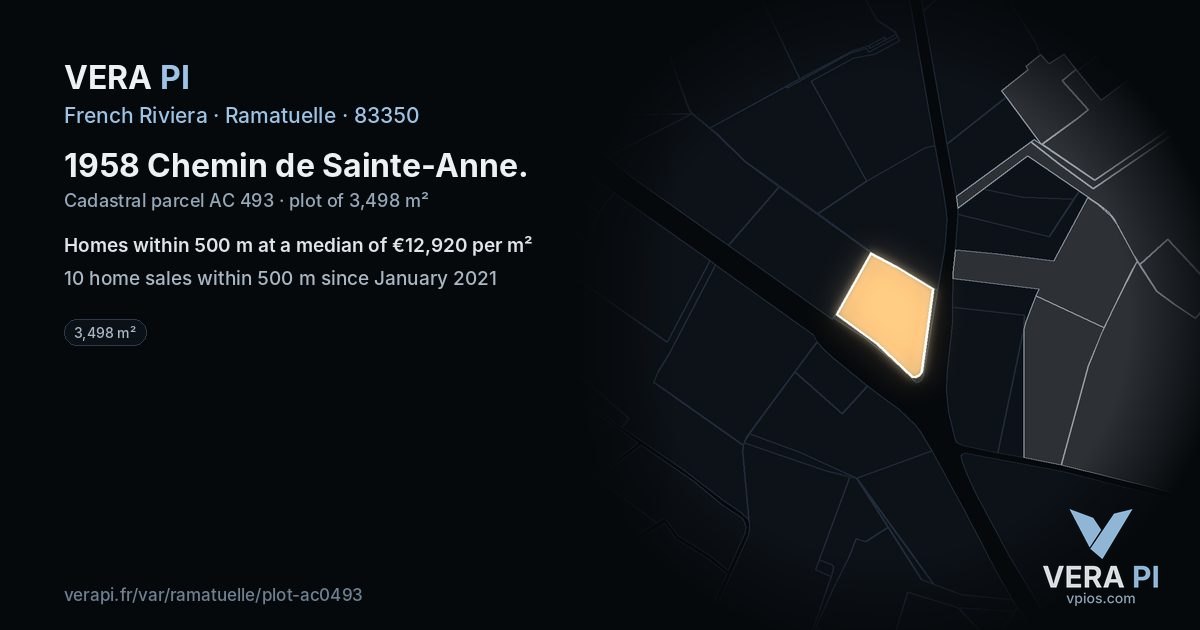 1958 Chemin de Sainte-Anne, Ramatuelle at night – the plot lit, the parcels around coloured by the prices near them