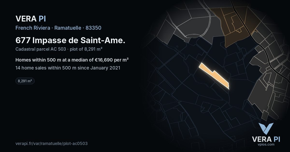 677 Impasse de Saint-Ame, Ramatuelle at night – the plot lit, the parcels around coloured by the prices near them