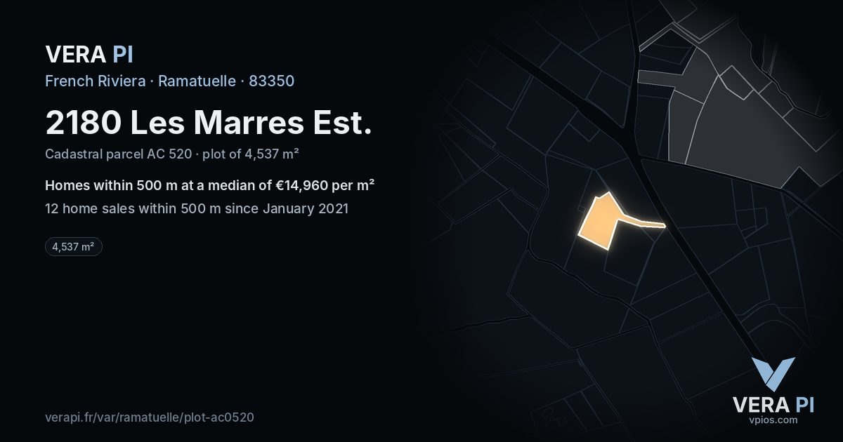 2180 Les Marres Est, Ramatuelle at night – the plot lit, the parcels around coloured by the prices near them