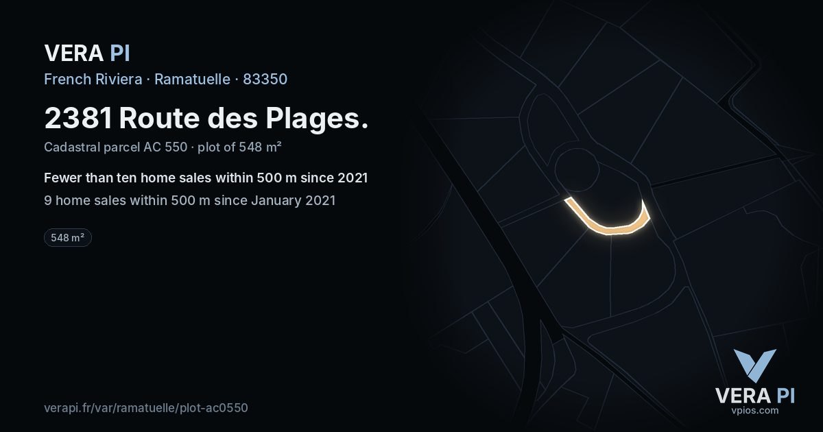2381 Route des Plages, Ramatuelle at night – the plot lit, the parcels around coloured by the prices near them
