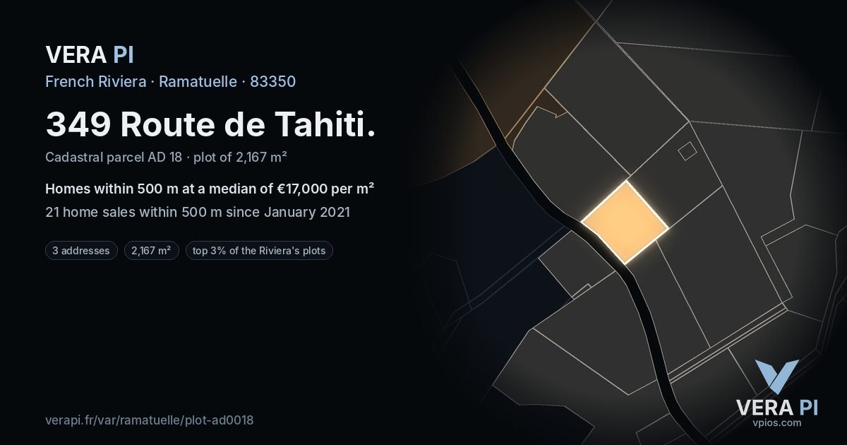 349 Route de Tahiti, Ramatuelle at night – the plot lit, the parcels around coloured by the prices near them