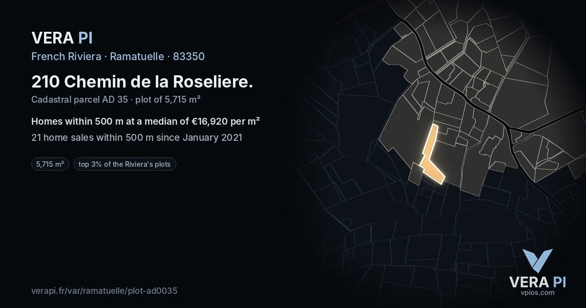 210 Chemin de la Roseliere, Ramatuelle at night – the plot lit, the parcels around coloured by the prices near them