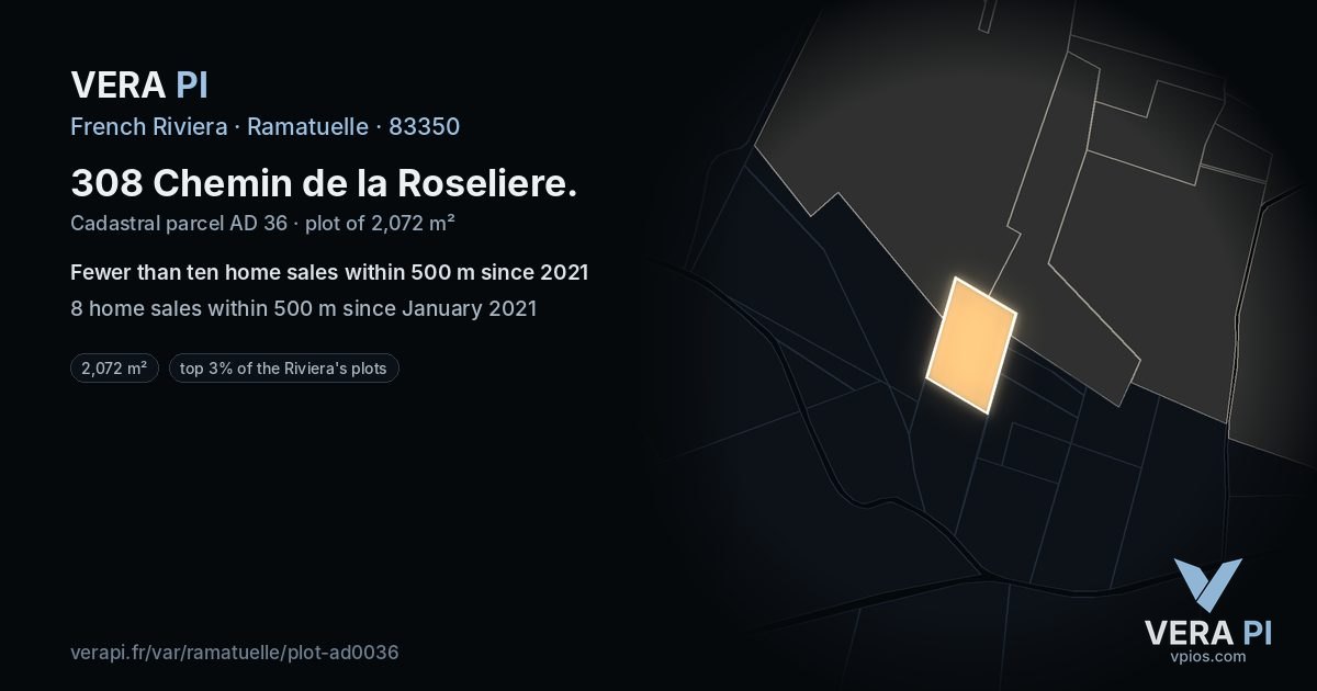 308 Chemin de la Roseliere, Ramatuelle at night – the plot lit, the parcels around coloured by the prices near them