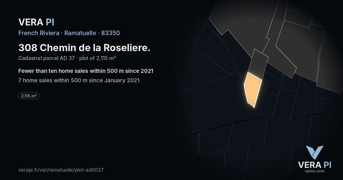 308 Chemin de la Roseliere, Ramatuelle at night – the plot lit, the parcels around coloured by the prices near them