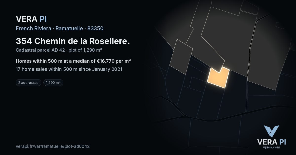 354 Chemin de la Roseliere, Ramatuelle at night – the plot lit, the parcels around coloured by the prices near them