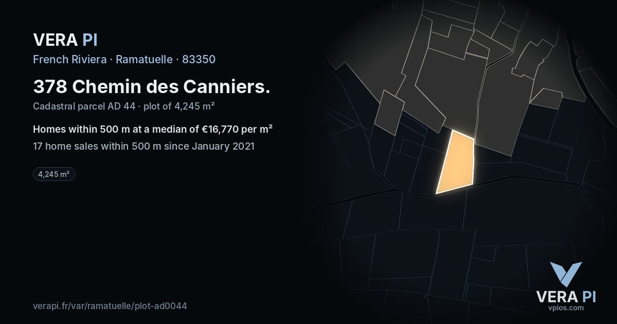 378 Chemin des Canniers, Ramatuelle at night – the plot lit, the parcels around coloured by the prices near them