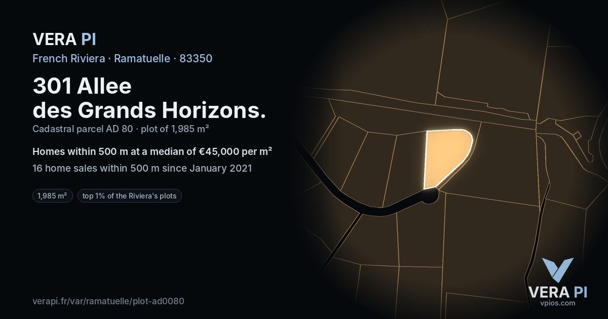 301 Allee des Grands Horizons, Ramatuelle at night – the plot lit, the parcels around coloured by the prices near them