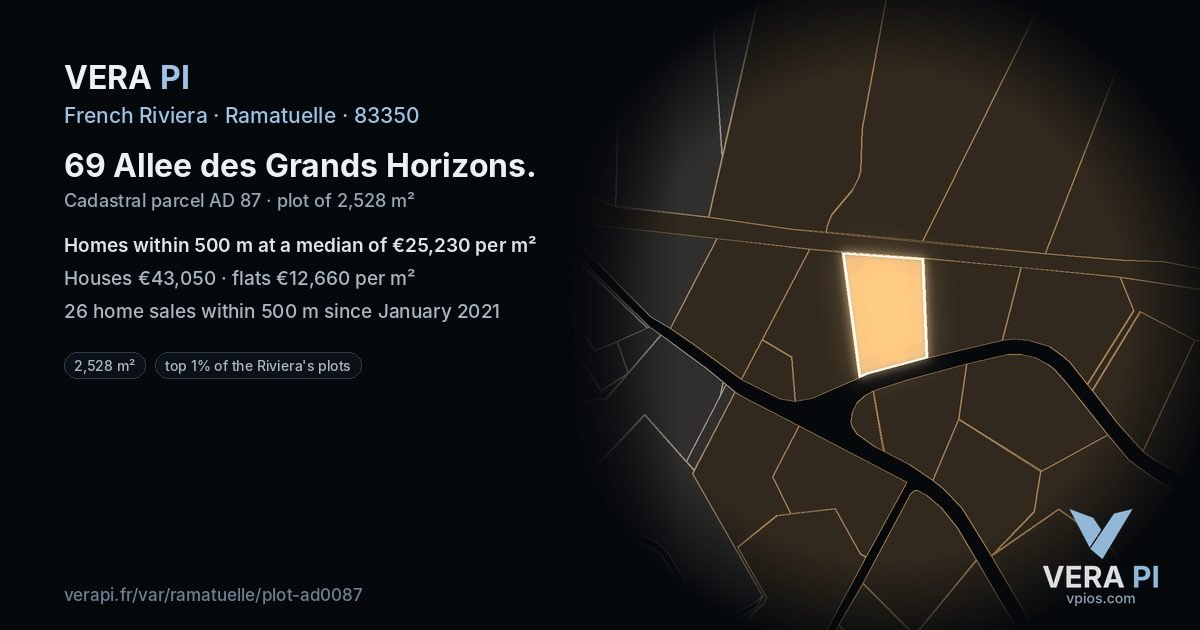 69 Allee des Grands Horizons, Ramatuelle at night – the plot lit, the parcels around coloured by the prices near them