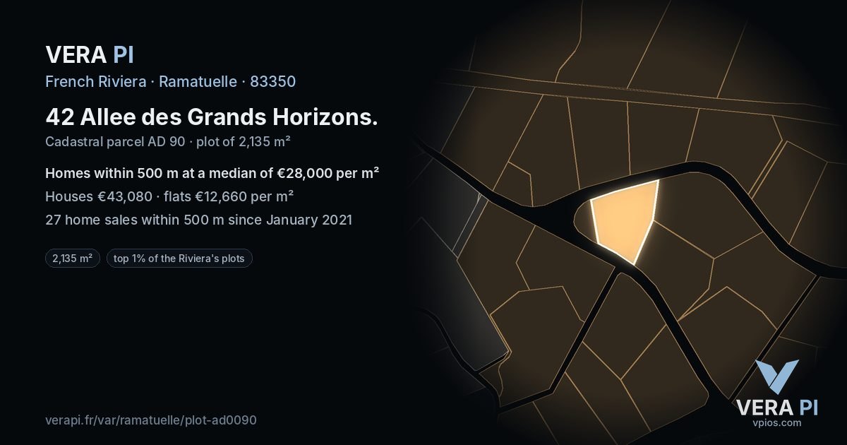 42 Allee des Grands Horizons, Ramatuelle at night – the plot lit, the parcels around coloured by the prices near them