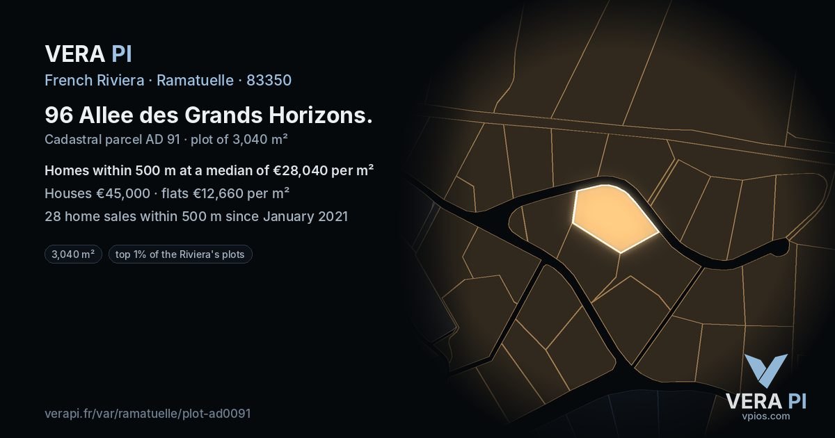 96 Allee des Grands Horizons, Ramatuelle at night – the plot lit, the parcels around coloured by the prices near them