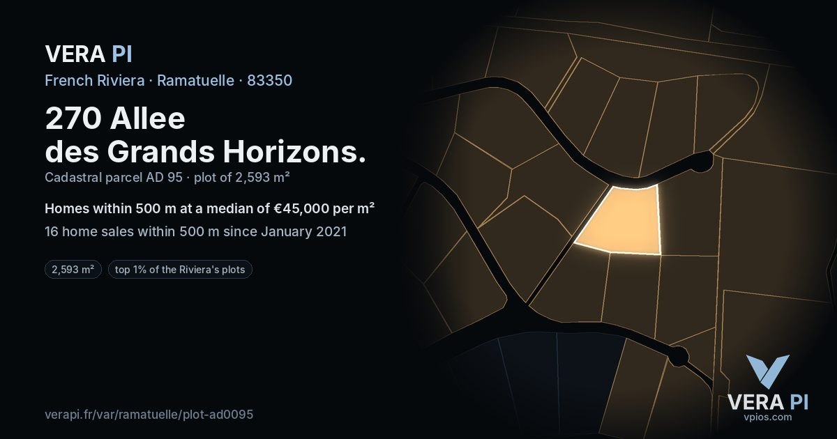 270 Allee des Grands Horizons, Ramatuelle at night – the plot lit, the parcels around coloured by the prices near them