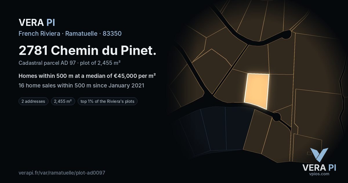 2781 Chemin du Pinet, Ramatuelle at night – the plot lit, the parcels around coloured by the prices near them