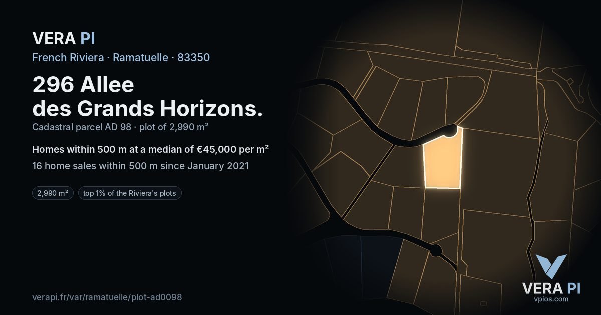 296 Allee des Grands Horizons, Ramatuelle at night – the plot lit, the parcels around coloured by the prices near them