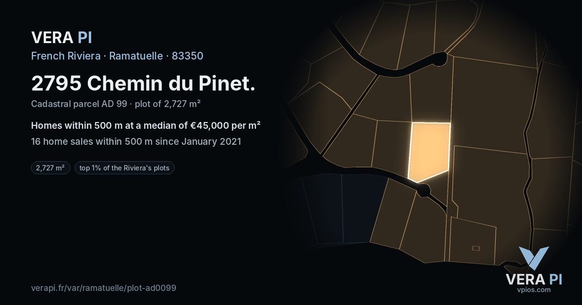 2795 Chemin du Pinet, Ramatuelle at night – the plot lit, the parcels around coloured by the prices near them