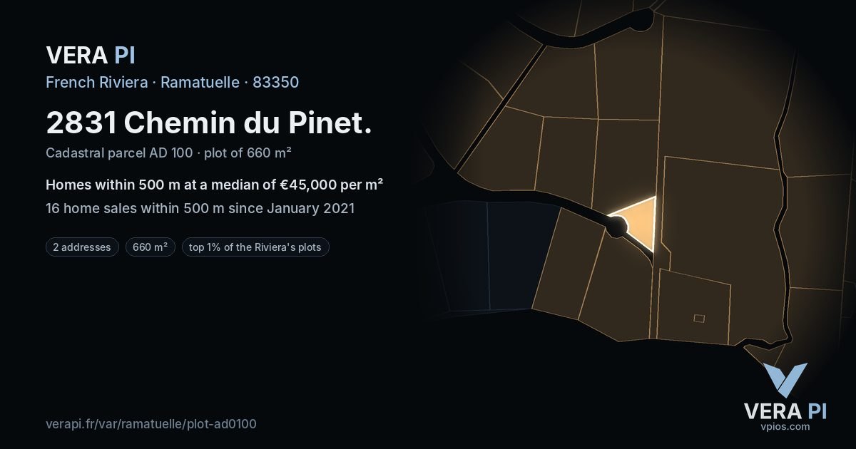 2831 Chemin du Pinet, Ramatuelle at night – the plot lit, the parcels around coloured by the prices near them