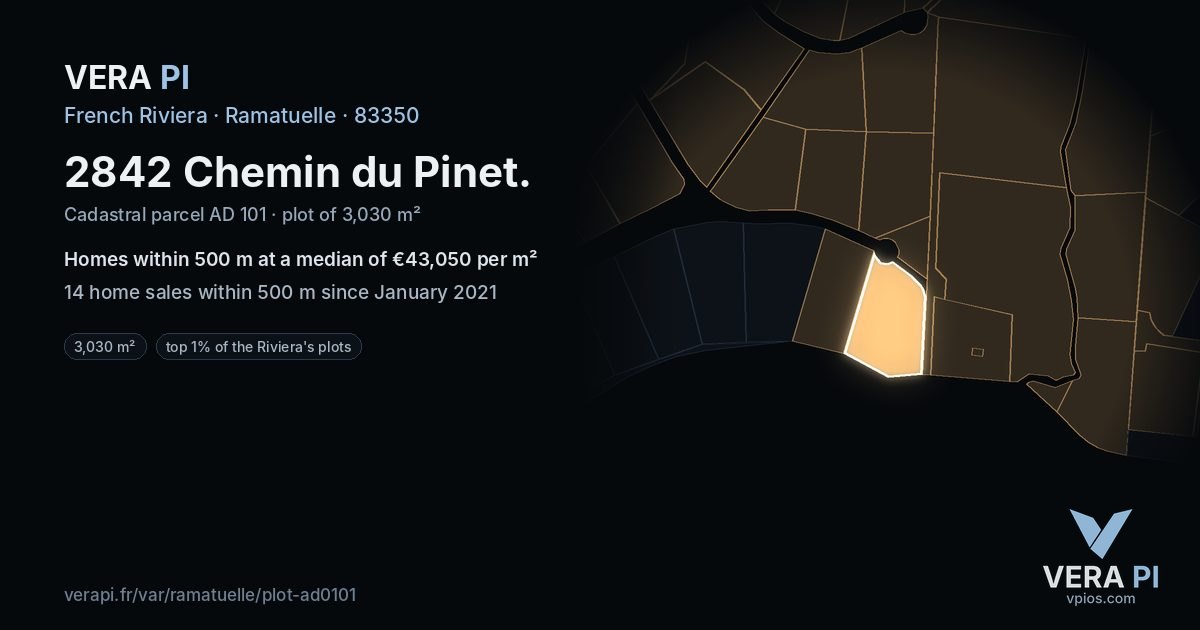 2842 Chemin du Pinet, Ramatuelle at night – the plot lit, the parcels around coloured by the prices near them