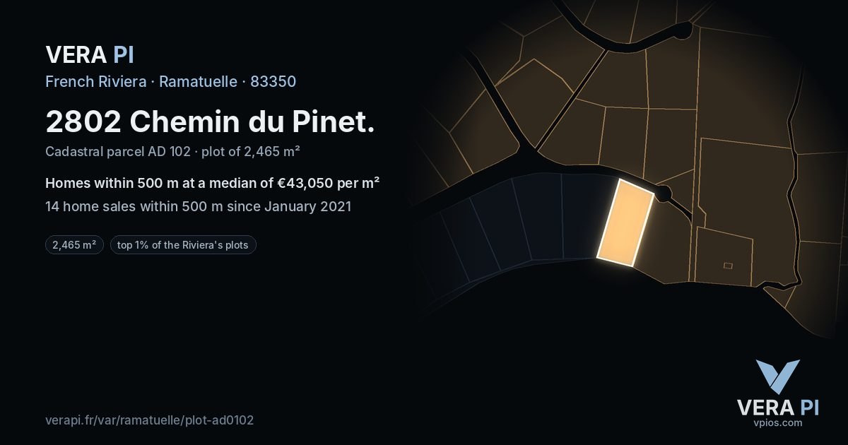 2802 Chemin du Pinet, Ramatuelle at night – the plot lit, the parcels around coloured by the prices near them