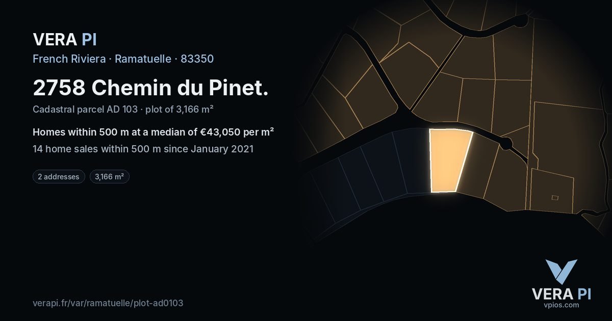 2758 Chemin du Pinet, Ramatuelle at night – the plot lit, the parcels around coloured by the prices near them