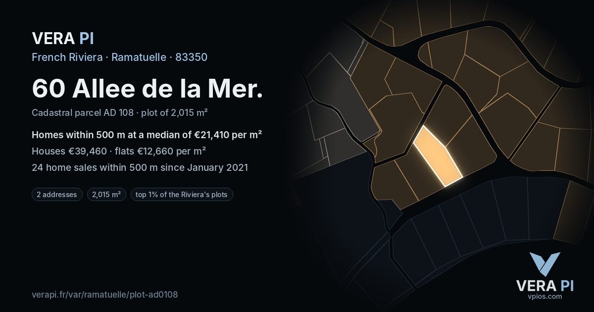 60 Allee de la Mer, Ramatuelle at night – the plot lit, the parcels around coloured by the prices near them