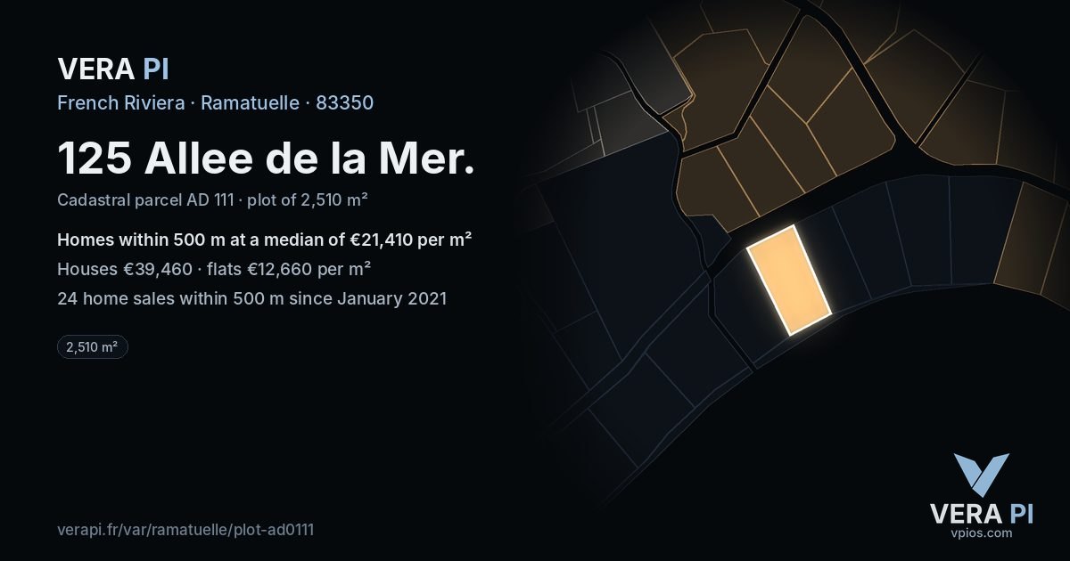 125 Allee de la Mer, Ramatuelle at night – the plot lit, the parcels around coloured by the prices near them
