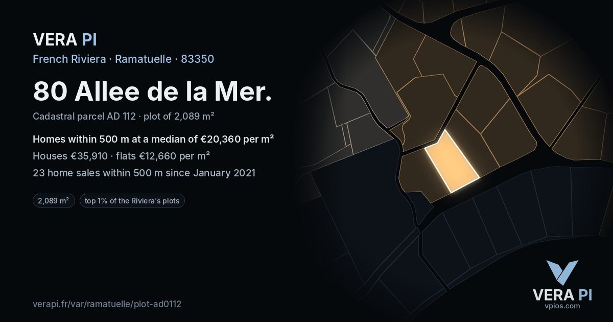 80 Allee de la Mer, Ramatuelle at night – the plot lit, the parcels around coloured by the prices near them