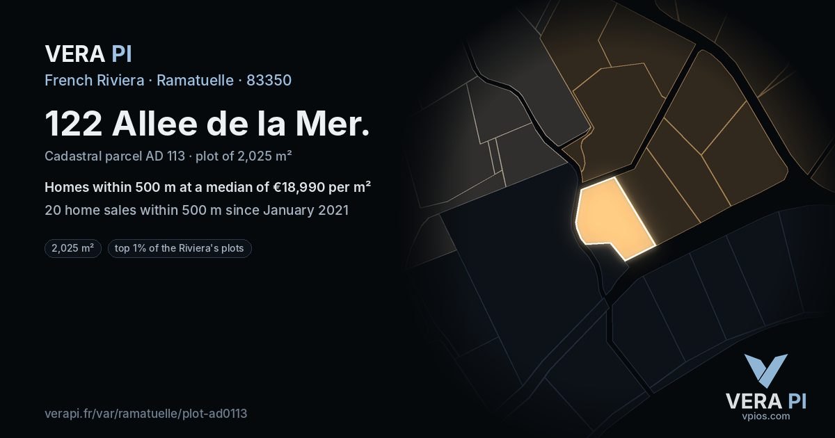 122 Allee de la Mer, Ramatuelle at night – the plot lit, the parcels around coloured by the prices near them