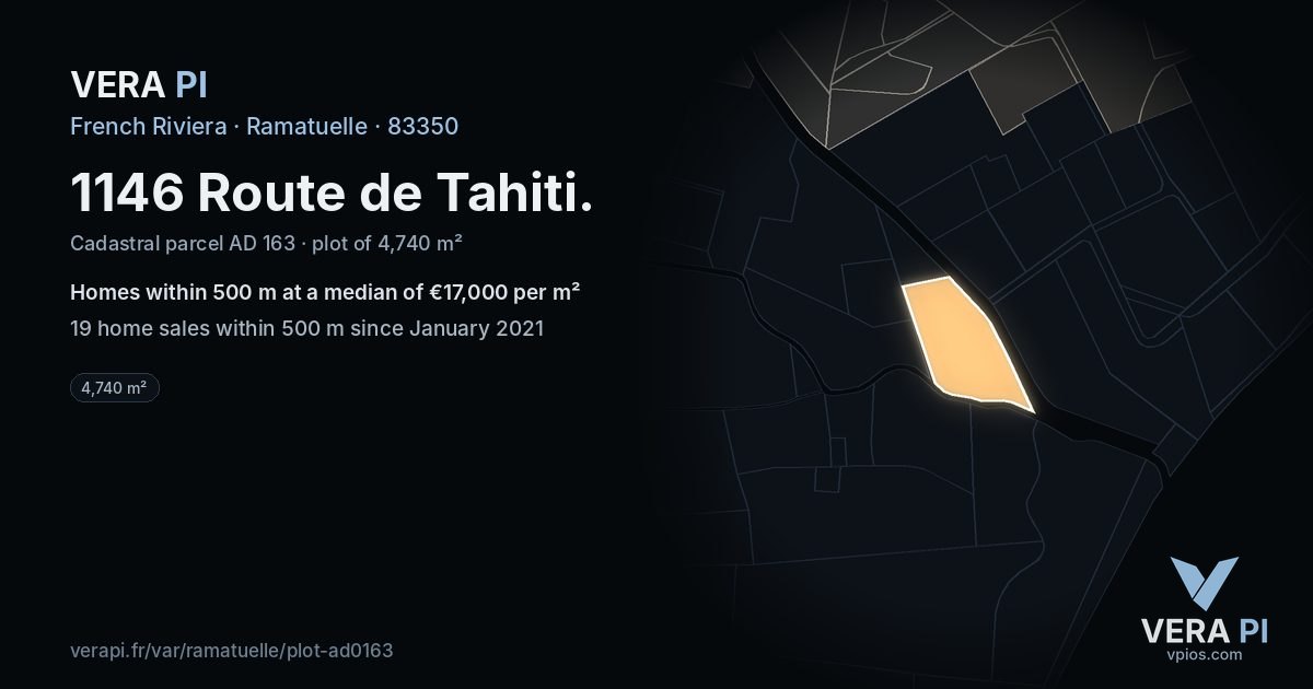 1146 Route de Tahiti, Ramatuelle at night – the plot lit, the parcels around coloured by the prices near them