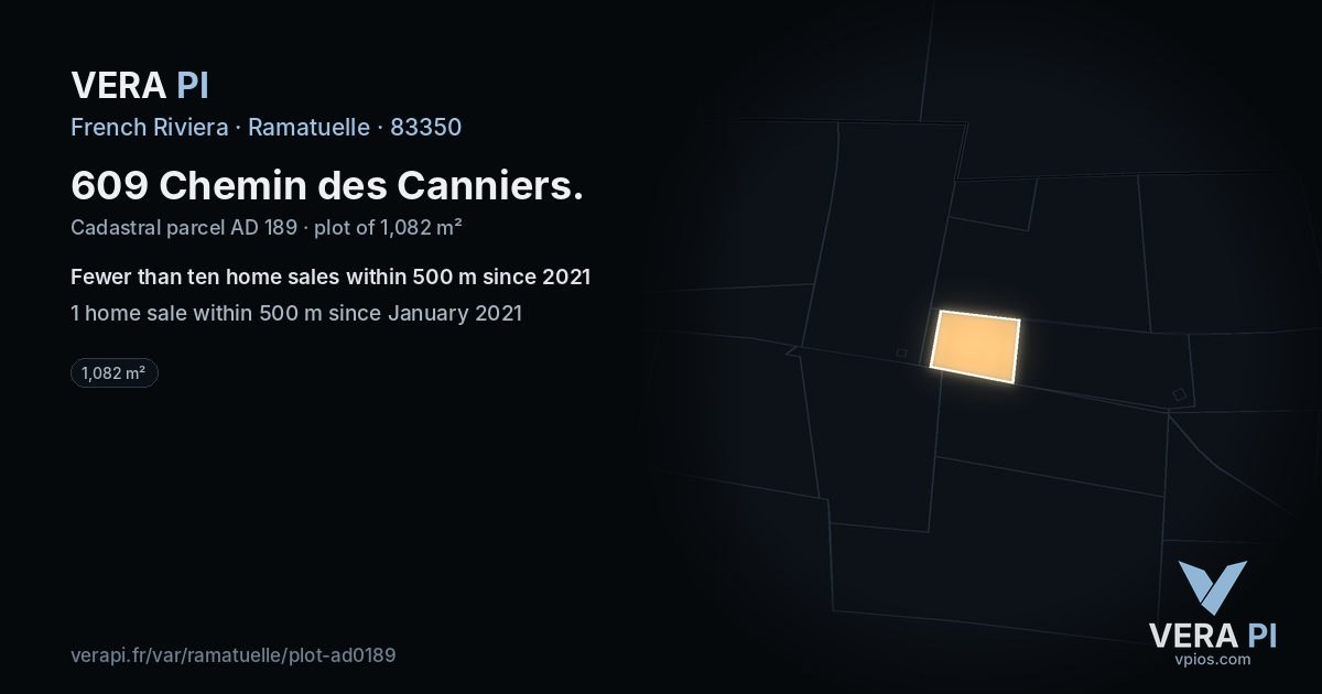 609 Chemin des Canniers, Ramatuelle at night – the plot lit, the parcels around coloured by the prices near them