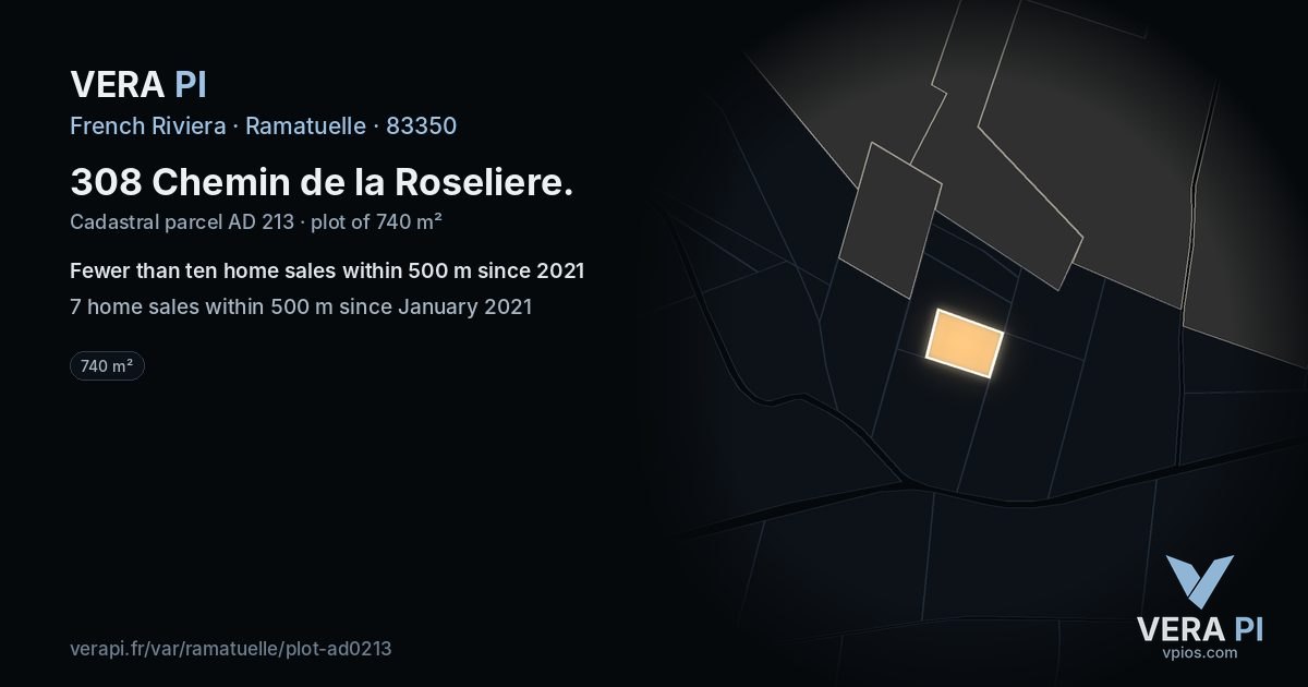 308 Chemin de la Roseliere, Ramatuelle at night – the plot lit, the parcels around coloured by the prices near them